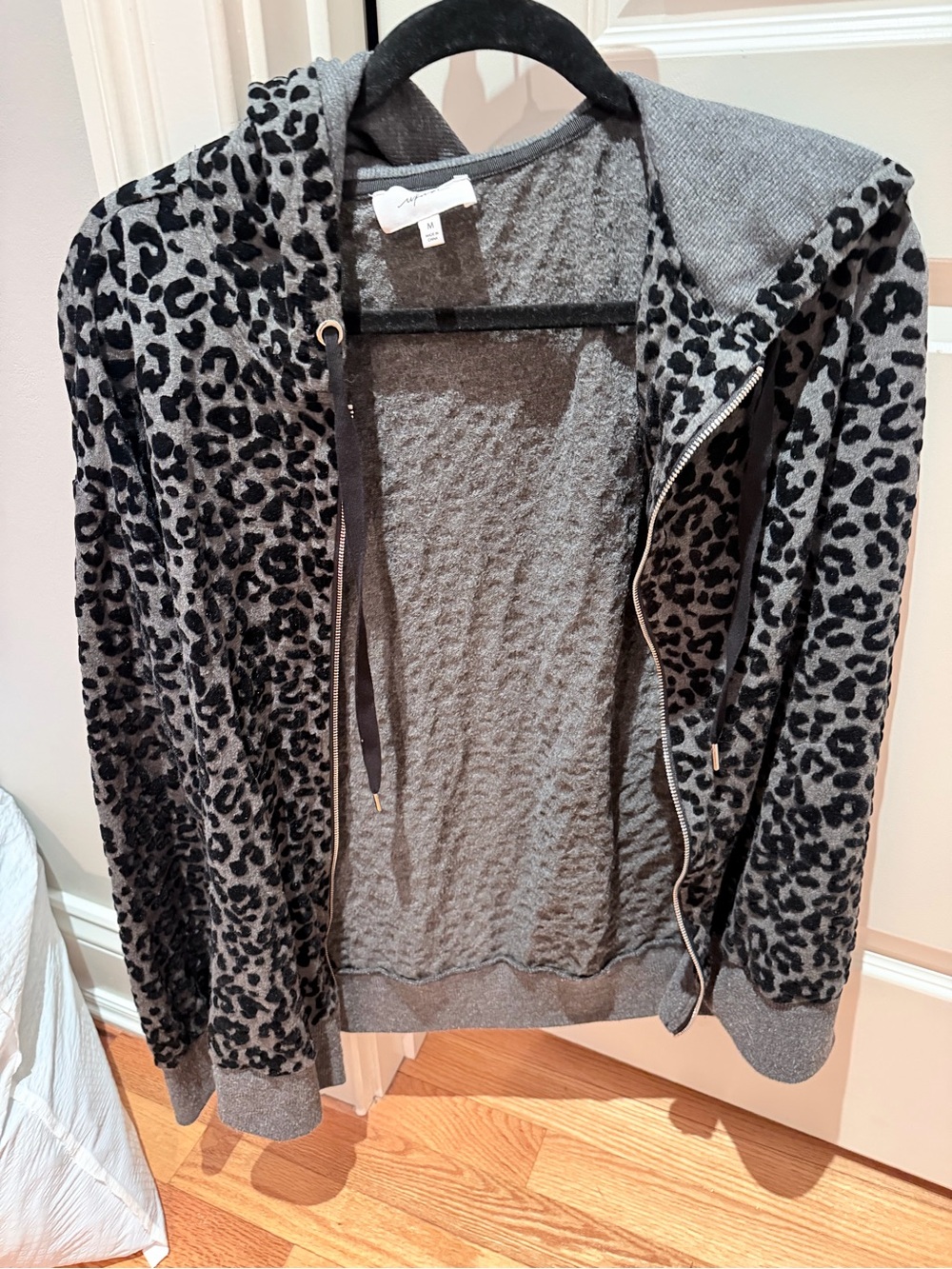 Wilfred Gray and Black Leopard Print Hooded Zip Jacket